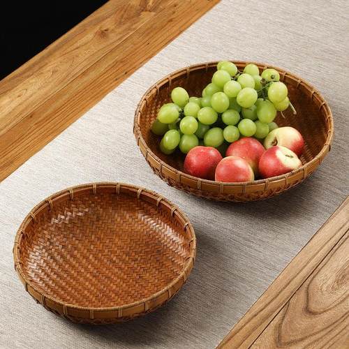 手工竹编家用收纳筐 大漆圆形水果篮 覆古中式茶点盘干 干果盘馒