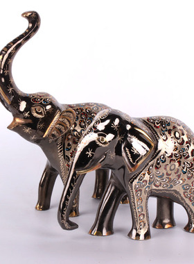 巴基斯坦铜器精雕彩点铜大象招财吸水情侣大象婚房家居摆设摆件
