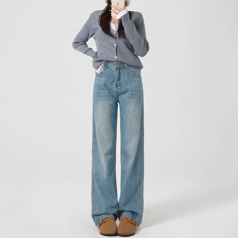 浅蓝高腰阔腿牛仔裤女2024秋冬新款宽松直筒显瘦垂感加绒拖地裤子