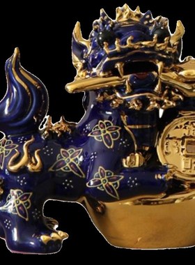 手工陶瓷蓝色描金招财小麒麟一对摆件新中式玄关家居日式软装饰品