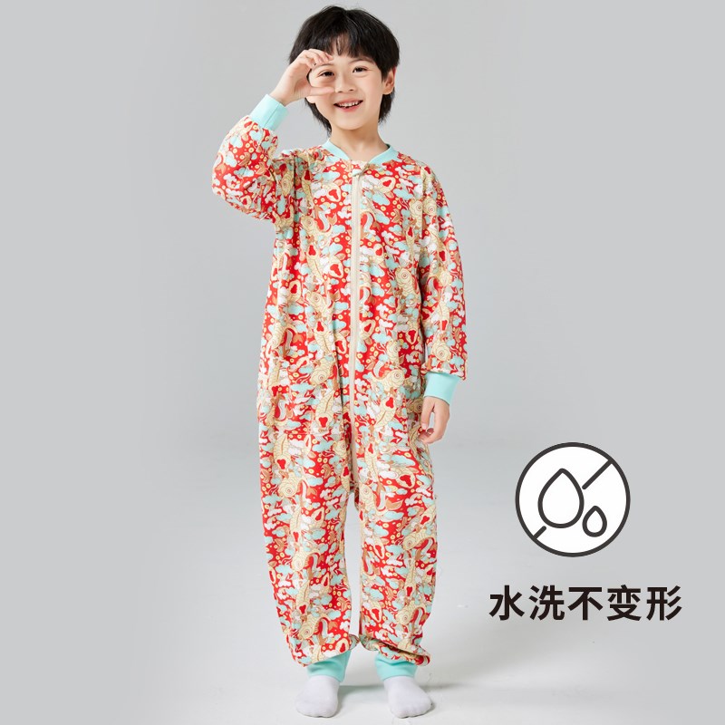 灵灵多春季儿童连体睡衣纯棉男童连身睡袋中大童宝宝防着凉睡衣