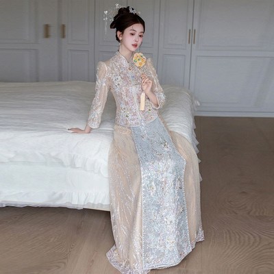 浅色秀禾服婚服2025新款香槟色出阁中式婚纱金色大码新娘胖MM夏季