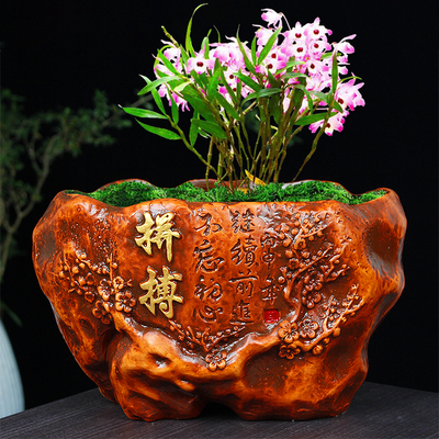 复古花盆陶瓷中号带托盘创意长方形家用桌面室内多肉文竹灵芝盆栽