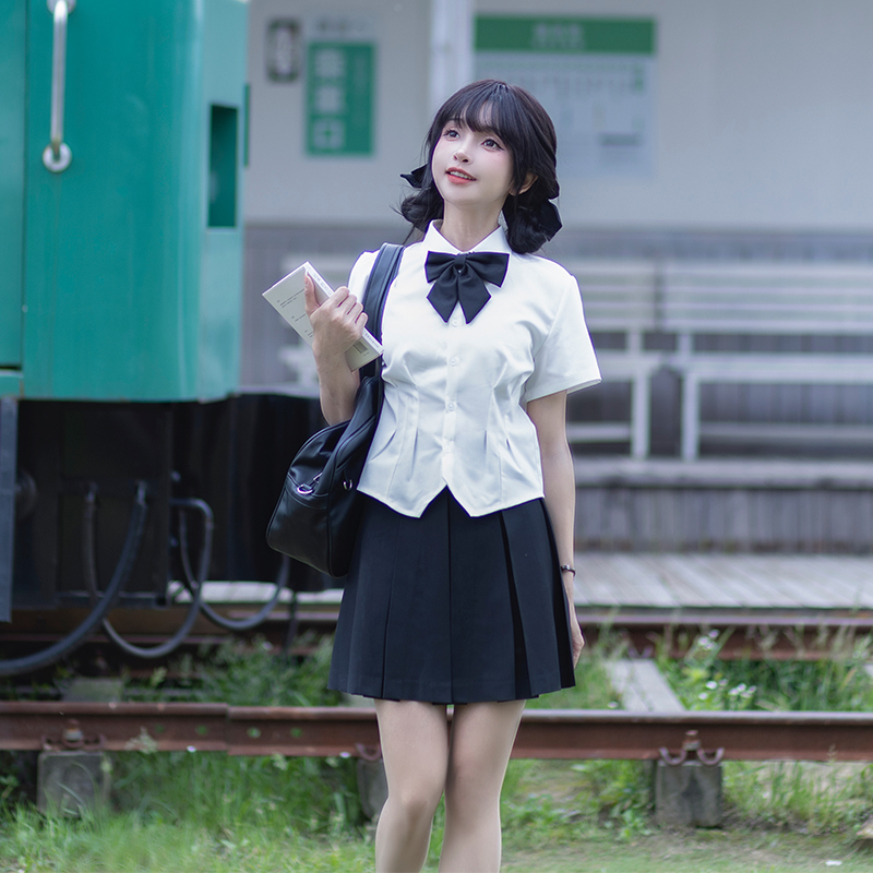 jk收腰衬衫女短袖辣妹韩式百褶裙制服套装夏季修身显瘦学院风白色