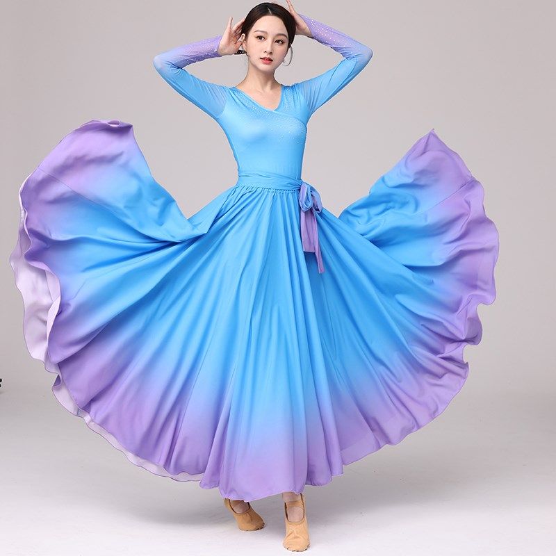 新款舞蹈服女渐变仙气V领上衣飘逸渐变雪纺720度大摆裙服装套装,女装/女士精品,民族服装/舞台装,淘宝优惠券,粉丝福利购,淘宝优惠卷