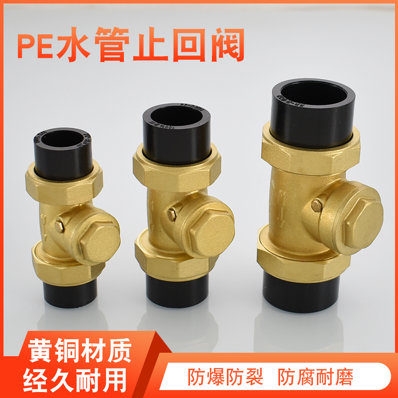 热熔PE卧式止回阀pe20 25 32 40 50 63黄铜主体挡板防倒流防回水