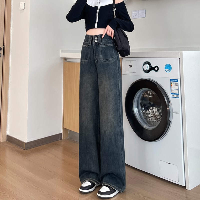 150cm显高小个子阔腿牛仔裤女秋冬加绒高腰145八分窄版拖地裤子XS