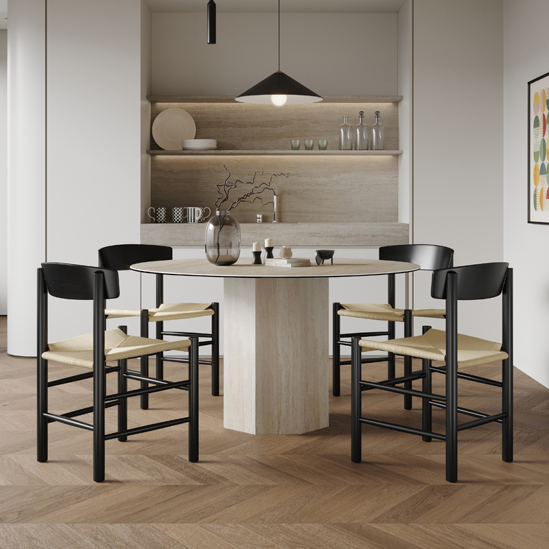 吉诺威 侘寂风圆桌设计师样板间高端桌子大理石圆形洞石岩板餐桌