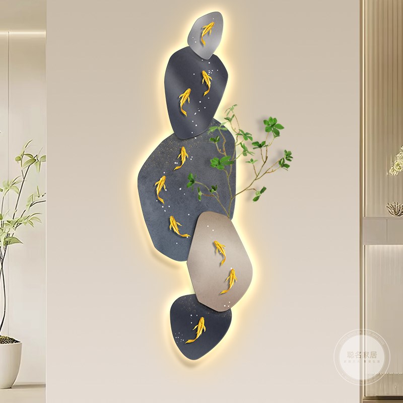 石来运转入户玄关装饰画高级感麋鹿走廊过道挂画立体砂岩肌理壁灯图片