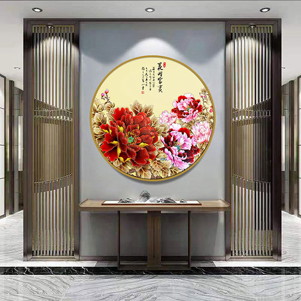 沙漠玫瑰开牡丹圆形装饰画客厅招财玄关挂画沙发壁贴画饭厅壁画图片