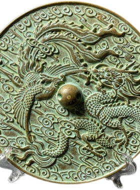 复古纯铜大号青龙凤图案铜镜做旧八卦镜摆件家居玄关柜客厅装饰品