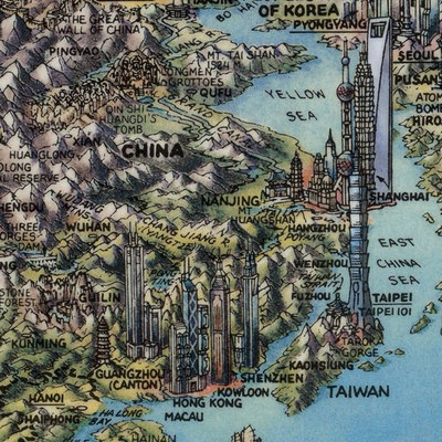 世界鸟瞰地图装饰画 城市旅游指南地标建筑奇迹景观地形地理海报
