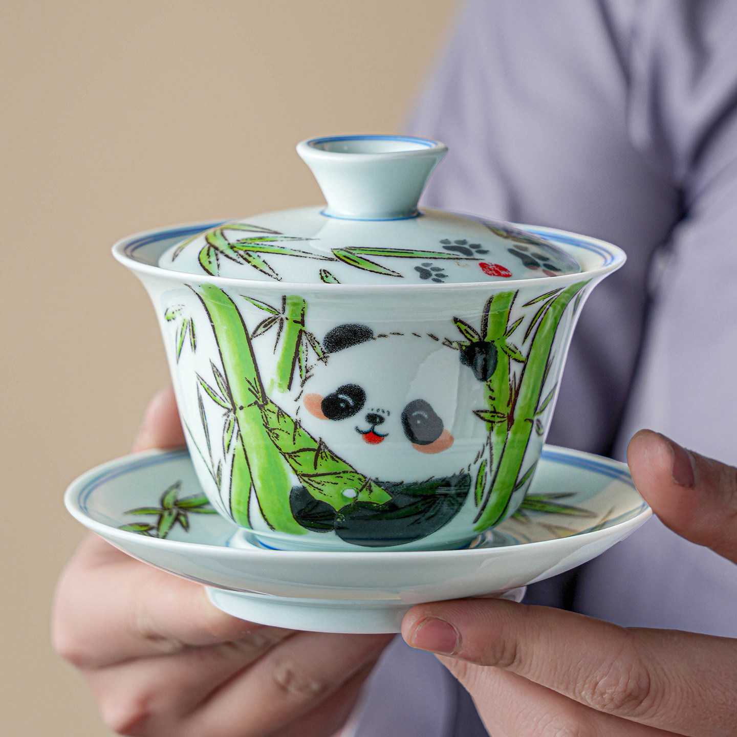 熊猫三才盖碗悬停挂盖家用陶瓷功夫茶具羊脂青瓷泡茶碗防烫
