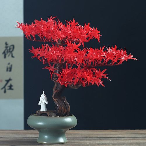 仿真红枫绿枫罗汉松树迎客松玄关桌面客厅茶桌酒店办公室摆放盆景