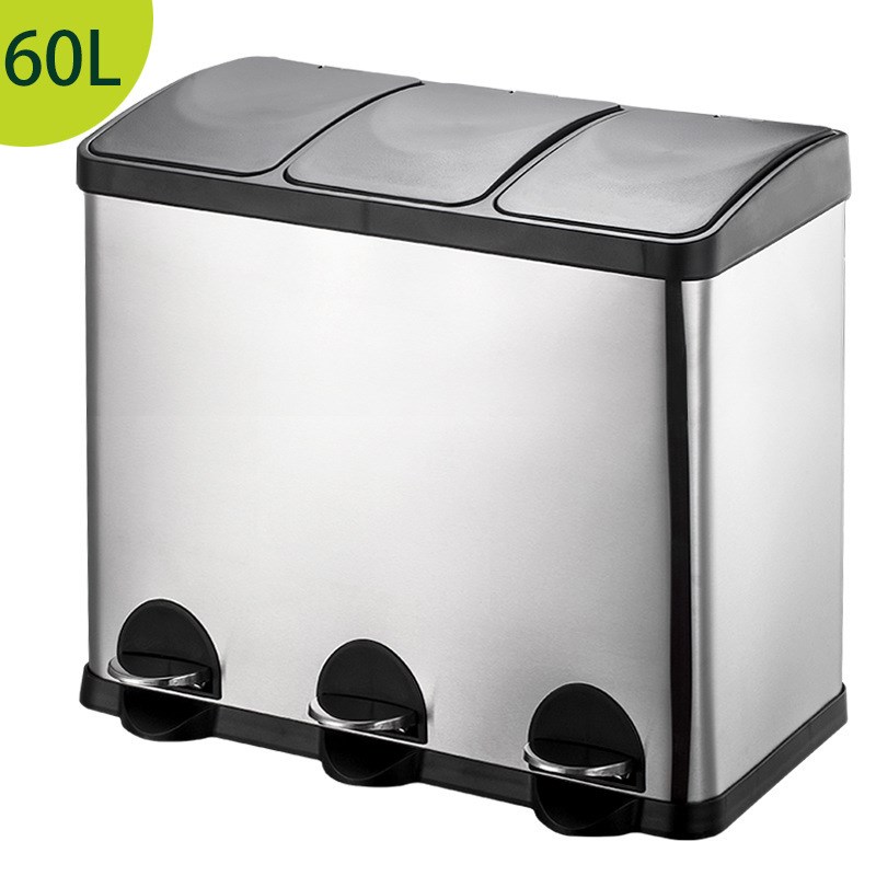 办公室干湿三分类室内大号脚踏带盖商用60升分类回收垃圾桶不锈钢