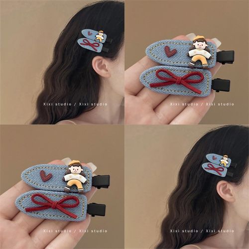可爱人儿!甜美牛仔蝴蝶结发夹!复古小女孩鸭嘴夹简约边夹盘发器