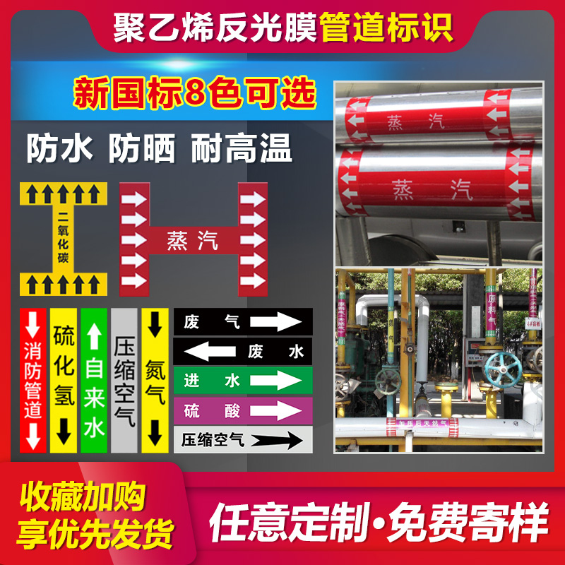 管道标识贴国标反光膜消防工厂流向标识贴地标箭头指示贴管子标识