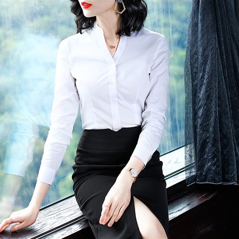 长袖V立领连体衬衫女白色修身弹力连裤衬衣职业工作装南航面料OL