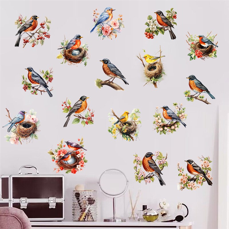 自粘防水遮污喜鹊树枝画眉小鸟墙贴客厅卧室儿童房鸟窝墙贴画
