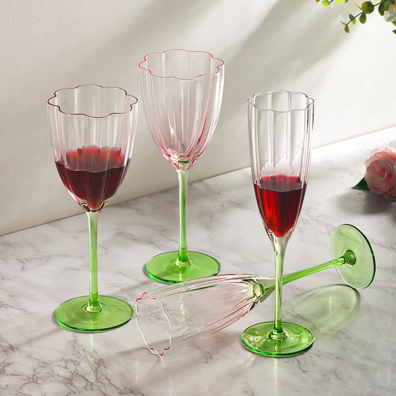 复古水晶玻璃红酒杯家用起泡酒杯创意渐变高脚杯香槟杯花瓣红酒杯