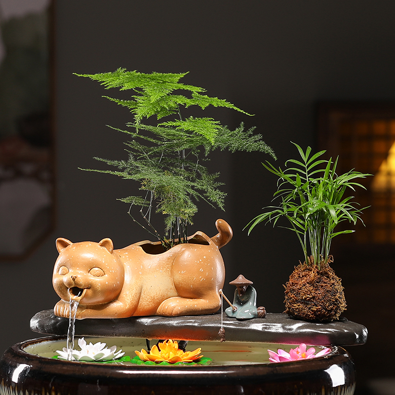 可爱大象青蛙流水陶瓷配件造景古法养鱼缸循环水配件过滤材料容器