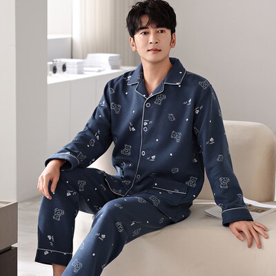 秋冬季新款夹层睡衣男春秋加厚纯棉长袖加棉夹棉可外穿家居服套装