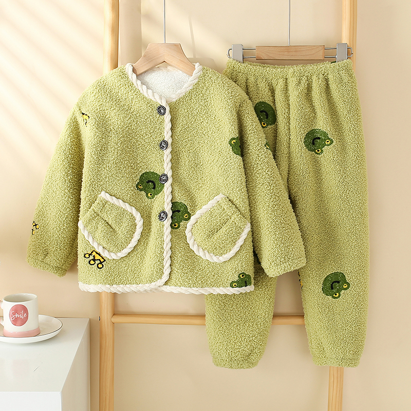 儿童睡衣秋冬季加厚男童加绒女童宝宝珊瑚绒开衫圆领法兰绒家居服