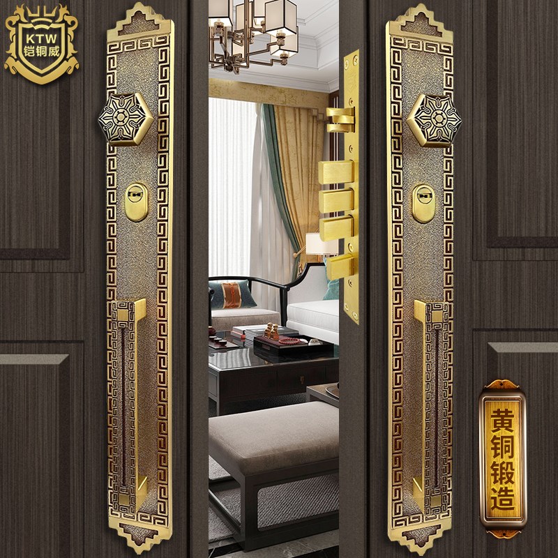 铠铜威黄铜新中式豪华入户防盗门对开大实木门锁铜双开别墅门锁