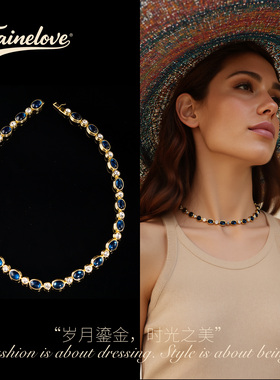 中古蓝锆石闪钻镶嵌项链