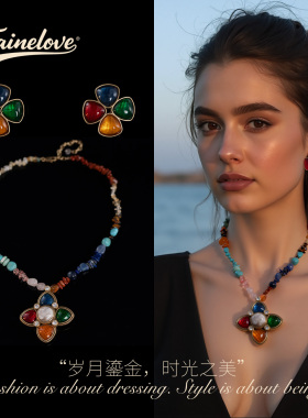 中古镀金镶嵌四叶草耳饰项链套装