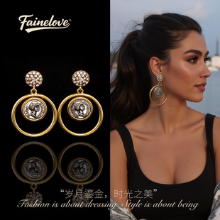 fainelove中古耳饰复古vintage小众气质个性大气古币镶钻耳钉耳环