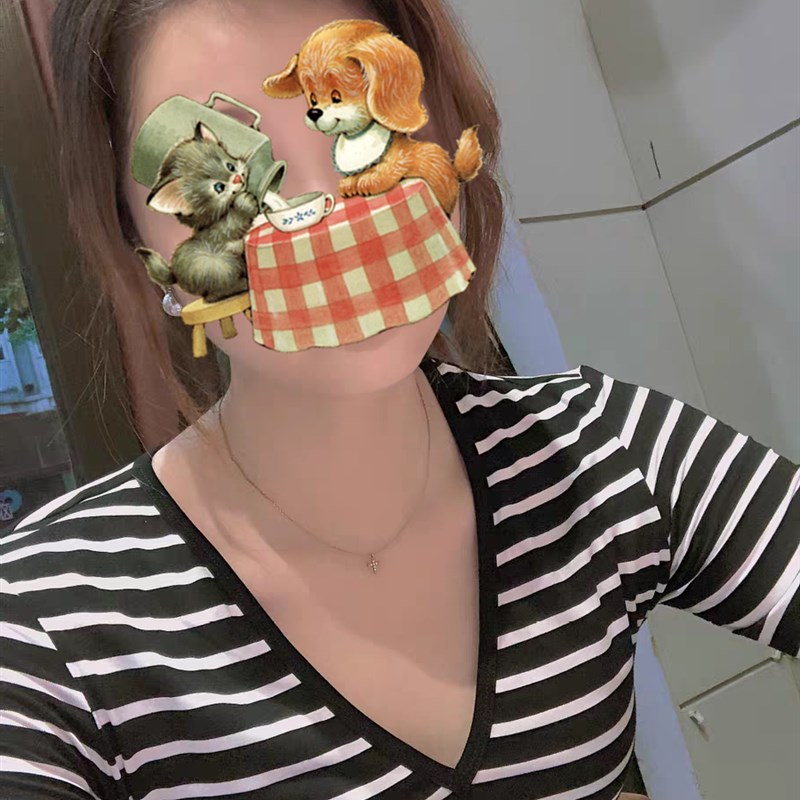 春秋季黑白条纹t恤女纯棉中袖打底衫五分袖大V领上衣女低领口修身