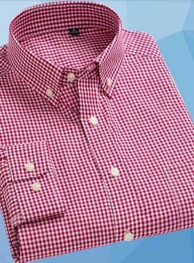 春秋季全棉扣领长袖衬衫男青年浅绿色小格子英伦免烫纯棉薄款衬衣