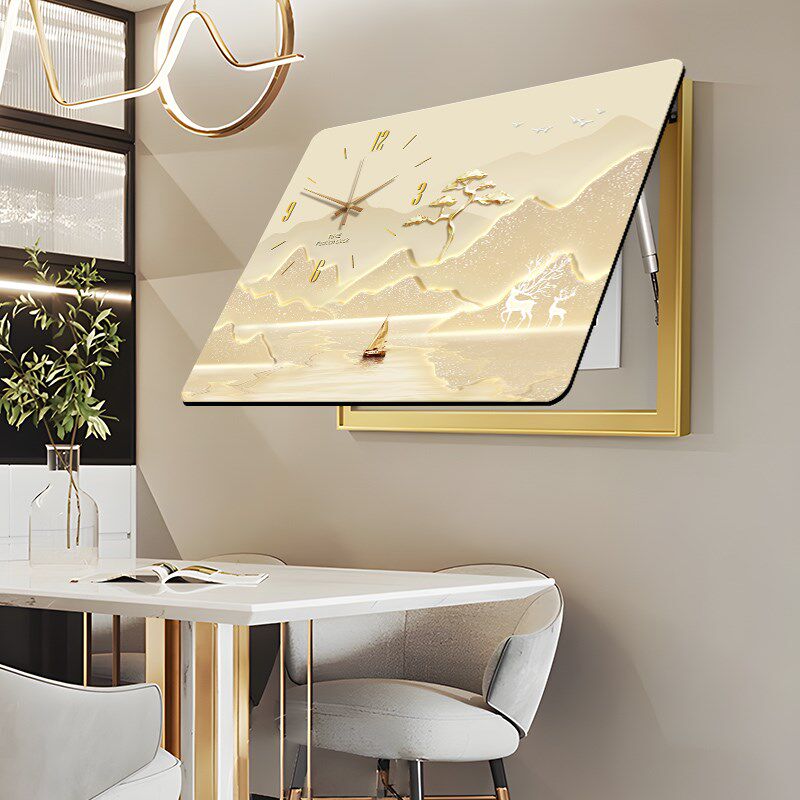 流水生财电表箱装饰画带钟表遮挡弱电箱挂画轻奢高级感配电箱壁画