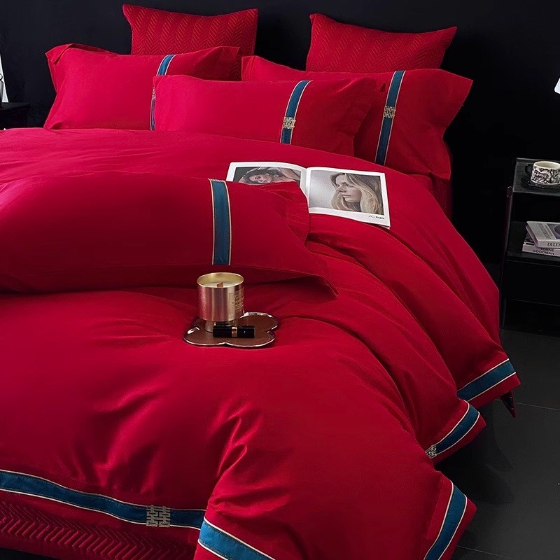 中式简约喜字四件套大红色新婚陪嫁被套婚庆床上用品婚房备婚床盖