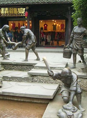 河边洗澡人物玻璃钢制作铜雕人物水上城市情景户外公园水边雕塑