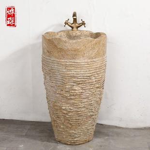 石材洗手盆户外一体家用别墅石头洗脸盆庭院复古立柱圆形洗手池