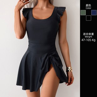 女士欧美泳衣女款泡温泉大码保守微胖女孩遮肉高级感连体裙式泳装