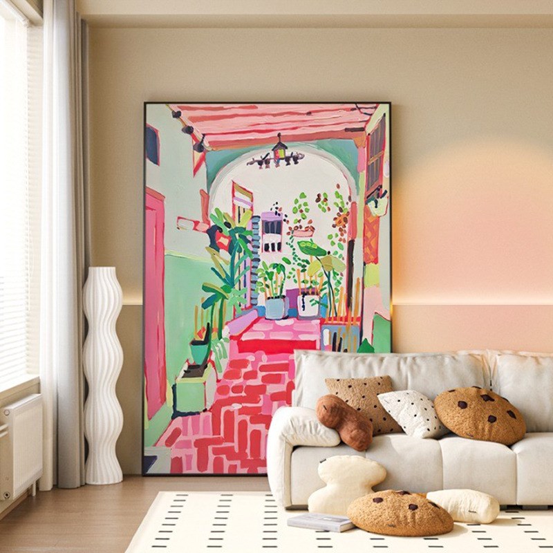 奶油风现代  客厅沙发背景墙装饰画红色水彩建筑抽象玄关壁画挂画图片
