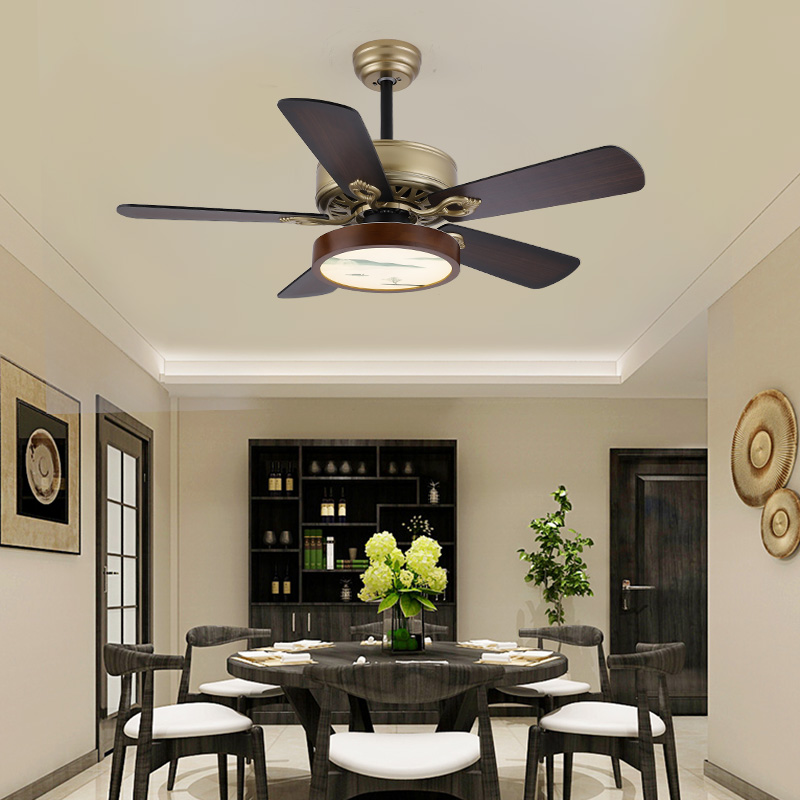 新中式风扇灯吊扇灯复古餐厅电风扇吊灯古典卧室家用木叶灯扇一体
