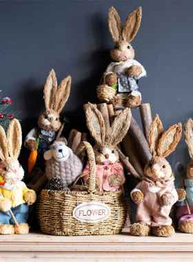 JK慕空间复古可爱草编兔子穿衣服节日居家装饰情侣兔花园阳台摆件