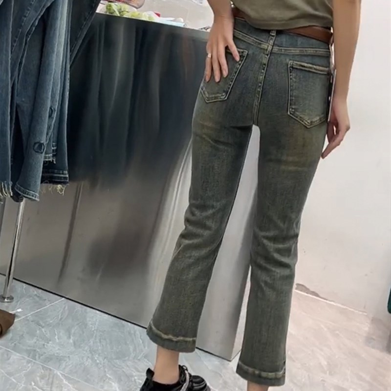 梨型身材裤子大码高腰弹力复古蓝牛仔裤女春胖妹妹显瘦开叉烟管裤