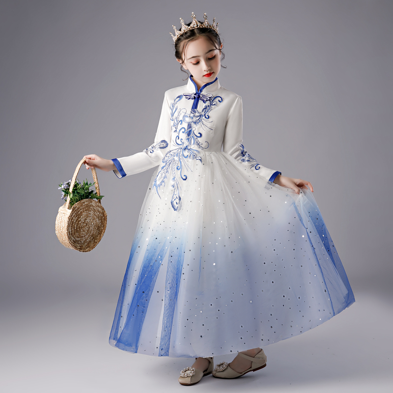 女童加绒公主裙秋冬古筝表演钢琴演出服儿童中国风高端礼服主持人