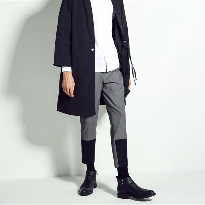 男士秋季欧美风拼接九分西裤英伦锥形长裤新款休闲小脚裤加长薄款