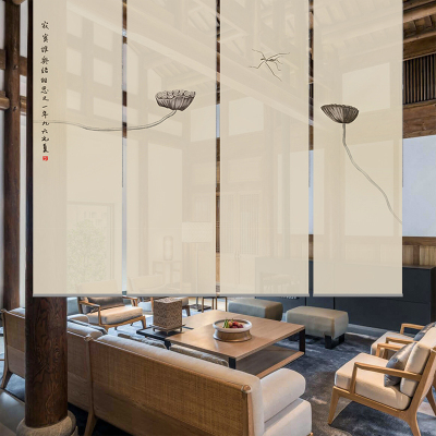 中式升降手拉挂式屏风软隔断玄关布帘客厅透明遮光卷帘窗帘画莲蓬