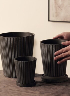 复旧暗色花盆轻侘寂风中式陶土透气黑色条纹家居简约长阳绿植花卉