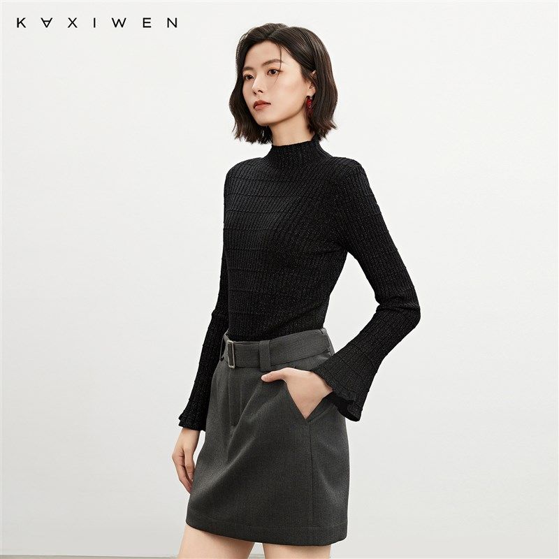 佧茜文气质奢感亮丝针织衫2025春季新款优雅喇叭袖修身内搭上衣女,女装/女士精品,毛针织衫,淘宝优惠券,粉丝福利购,淘宝优惠卷