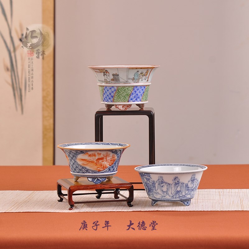 极姬蒲草迎春老鸦柿盆传统手绘青花瓷盆三开窗矾红山水小景六方盆