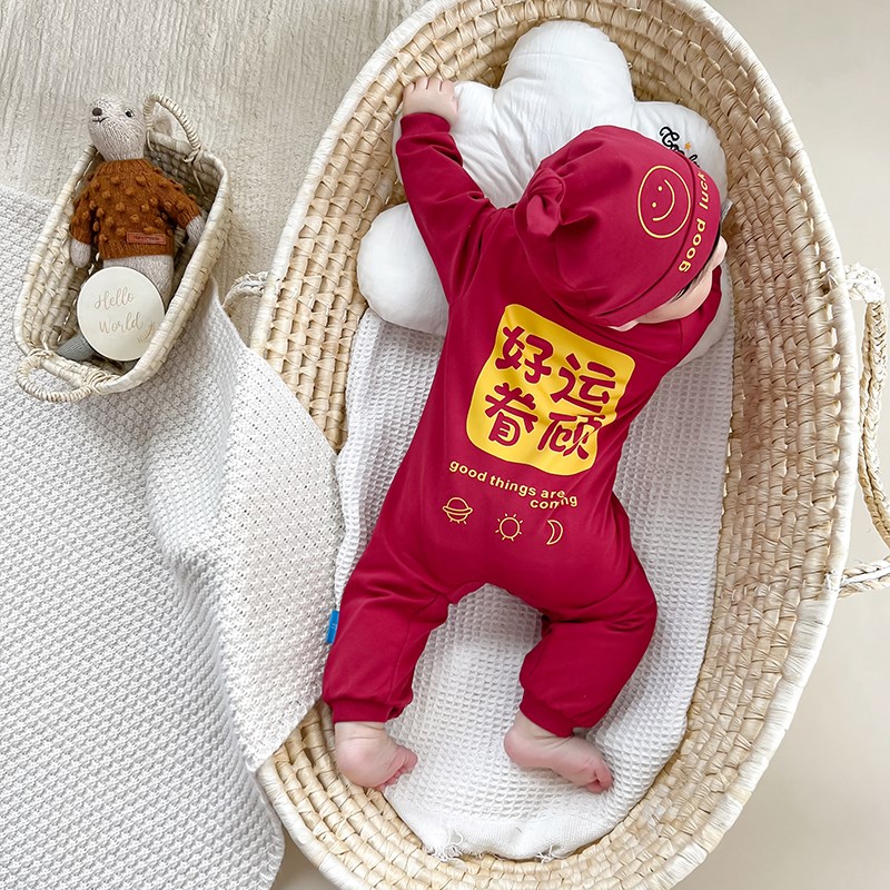 22婴儿喜庆棉质连体衣男女宝宝满月百天抓周周岁礼服长袖红色爬服