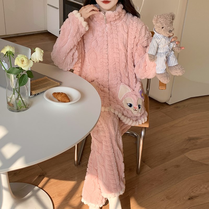 珊瑚绒睡衣女秋冬季加绒加厚2024年新款卡通可爱法兰绒冬天家居服